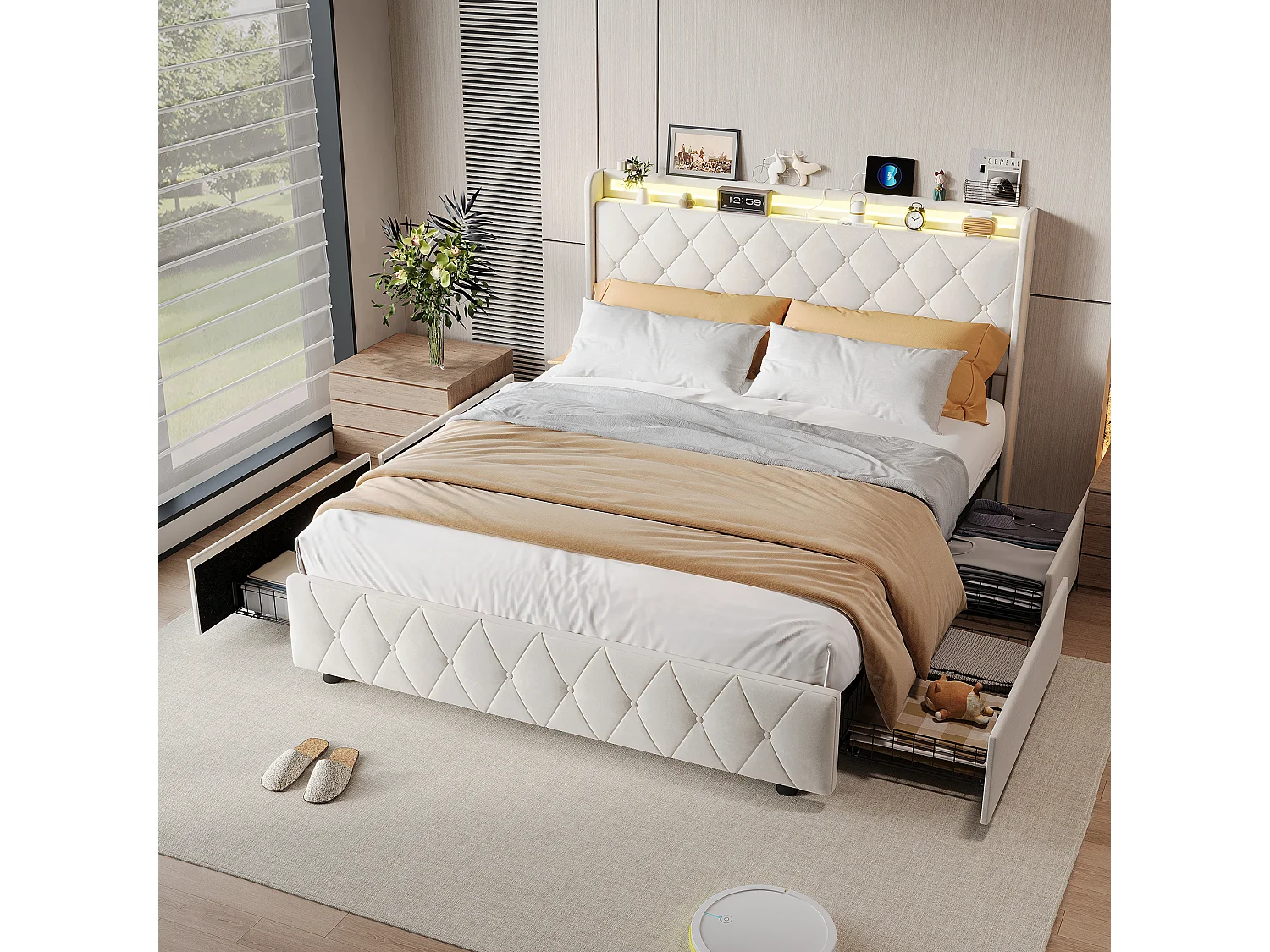 Lit double 140x200cm avec 4 tiroirs - LED et ports USB - tête de lit avec rangement - velours - beige