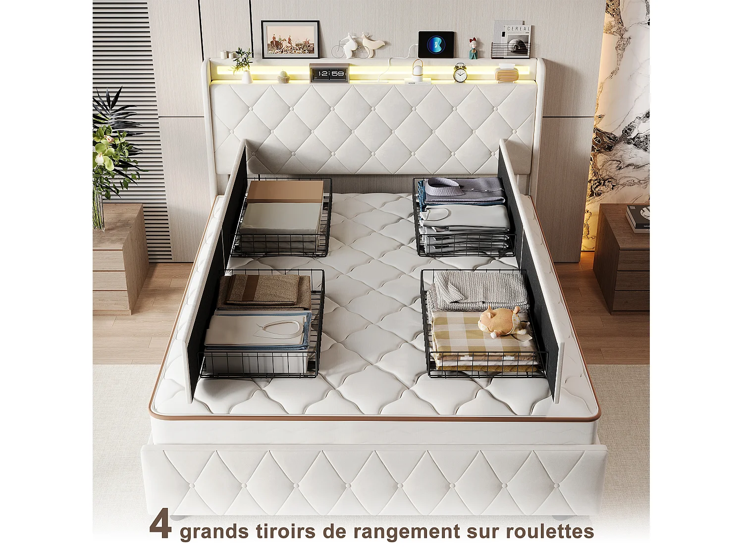 Lit double 140x200cm avec 4 tiroirs - LED et ports USB - tête de lit avec rangement - velours - beige