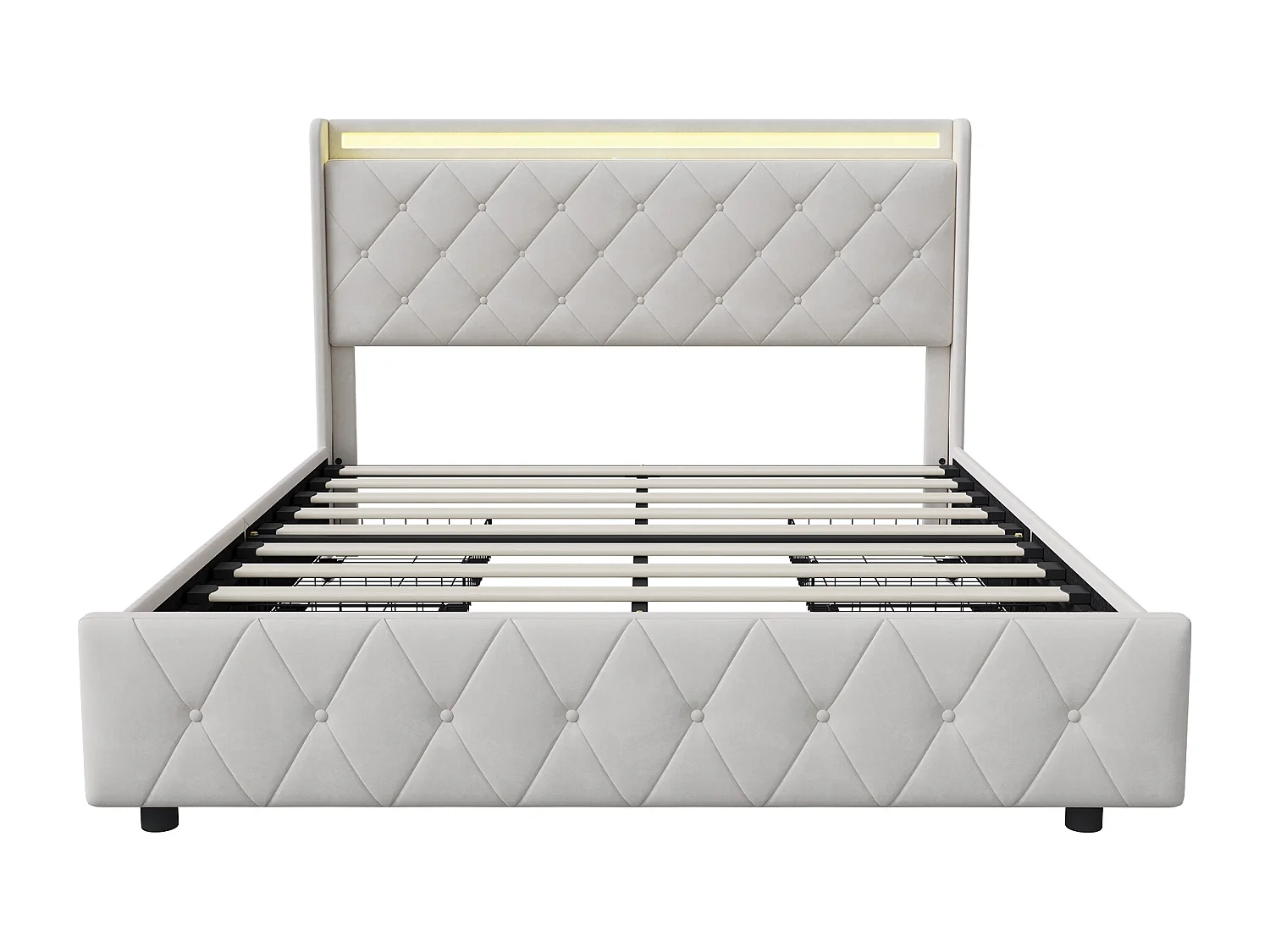 Lit double 140x200cm avec 4 tiroirs - LED et ports USB - tête de lit avec rangement - velours - beige