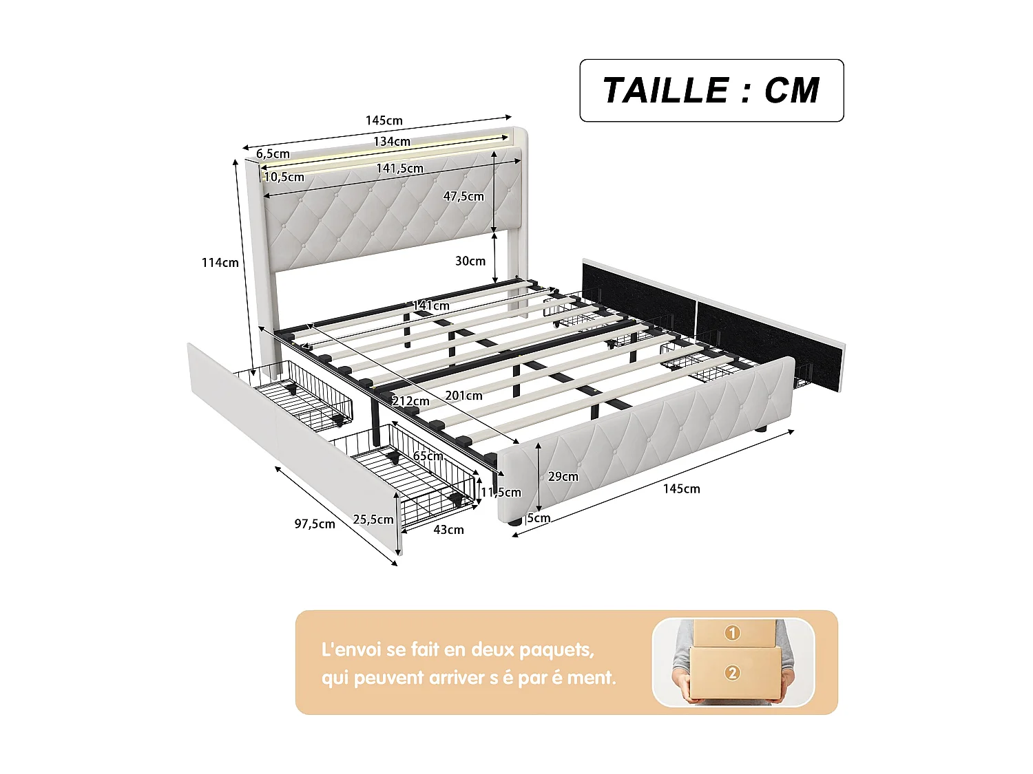 Lit double 140x200cm avec 4 tiroirs - LED et ports USB - tête de lit avec rangement - velours - beige