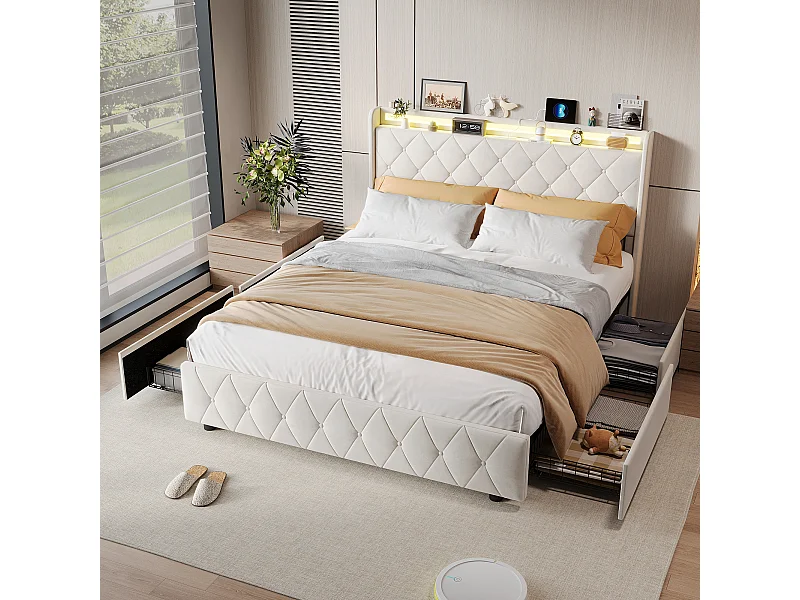 Lit double 140x200cm avec 4 tiroirs - LED et ports USB - tête de lit avec rangement - velours - beige