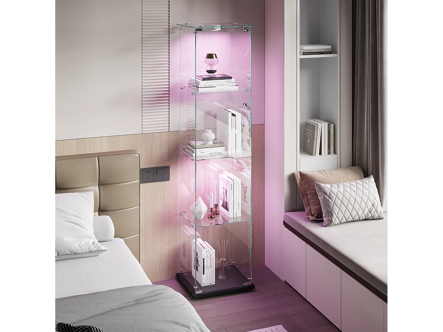 Vitrine en verre à 4 étagères avec éclairage tactile - 163 x 39.8 x 35 cm - Vitrine étroite - Noir