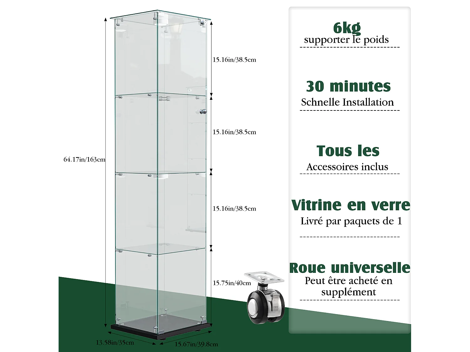 Vitrine en verre à 4 étagères avec éclairage tactile - 163 x 39.8 x 35 cm - Vitrine étroite - Noir