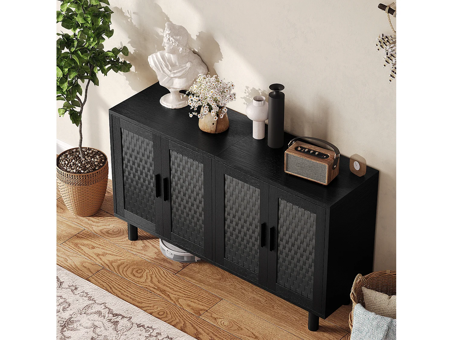 Buffet en osier à 4 portes et étagères réglables - 80 x 40 x 140 cm - Noir