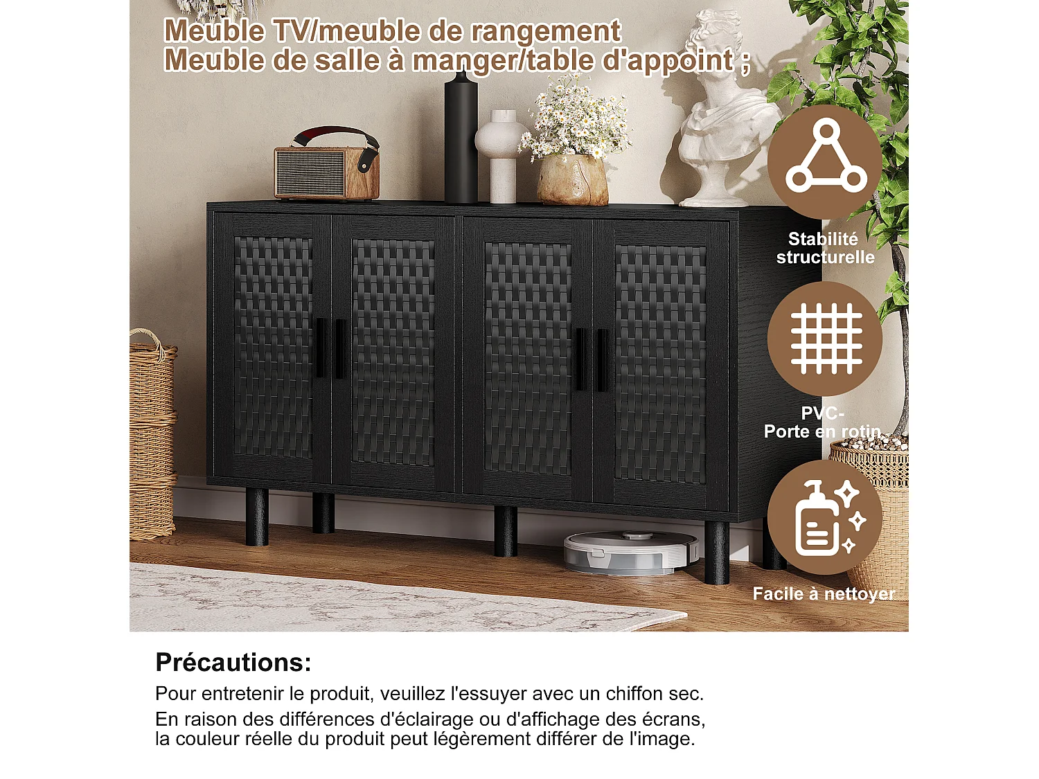 Buffet en osier à 4 portes et étagères réglables - 80 x 40 x 140 cm - Noir