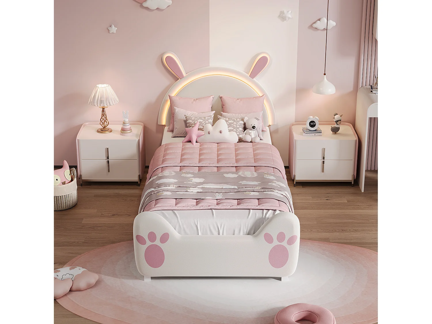 Lit simple enfant 90x200cm avec lumières LED - tête de lit oreilles de lapin - velours - blanc