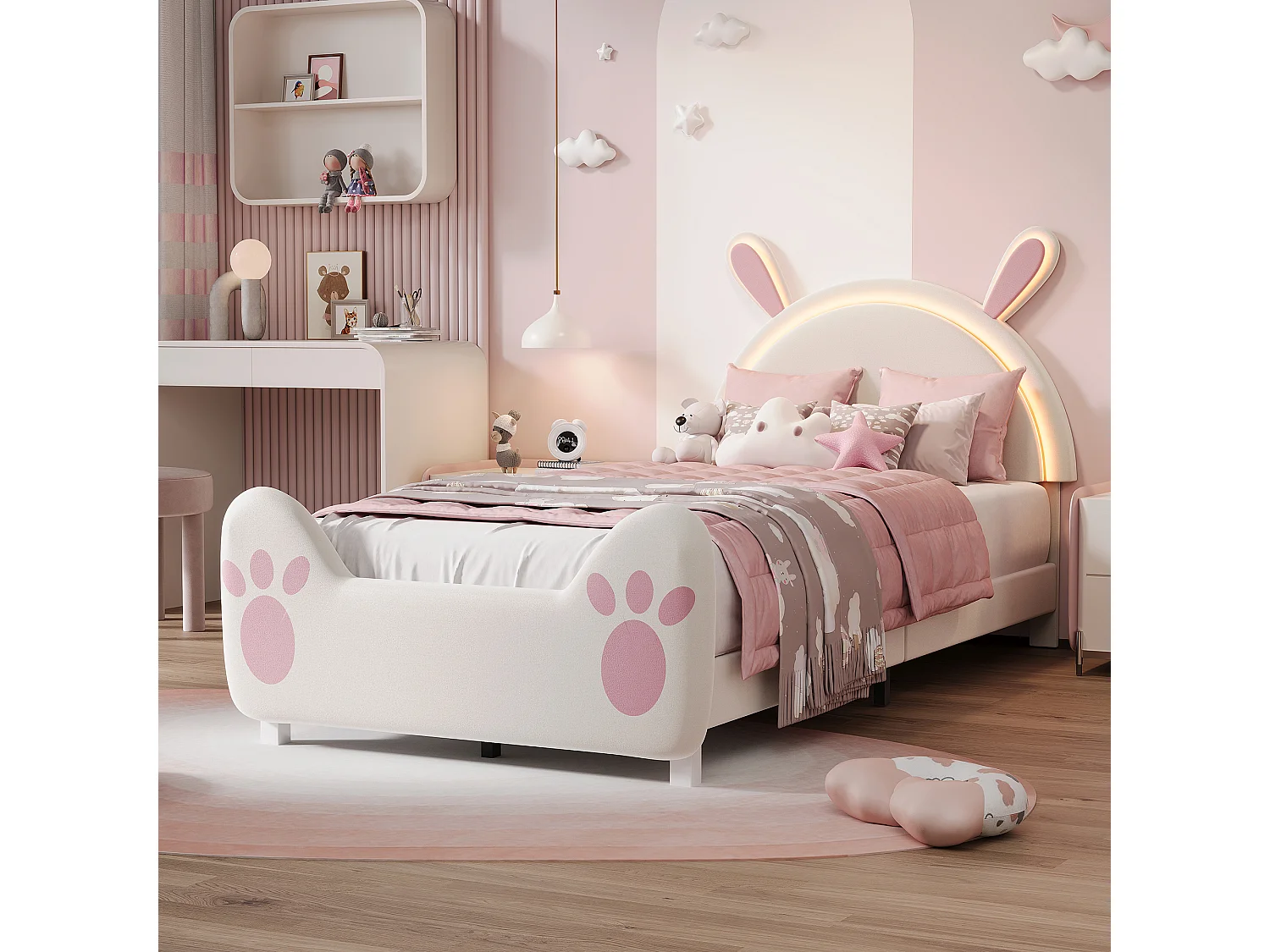 Lit simple enfant 90x200cm avec lumières LED - tête de lit oreilles de lapin - velours - blanc
