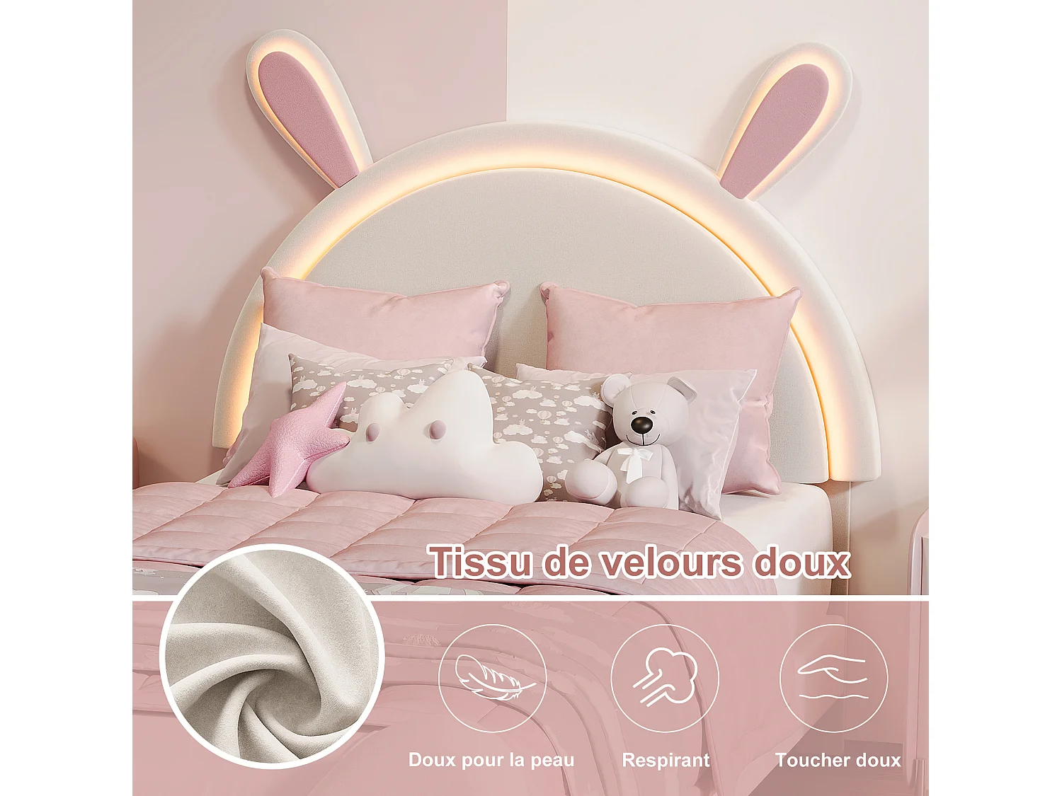 Lit simple enfant 90x200cm avec lumières LED - tête de lit oreilles de lapin - velours - blanc