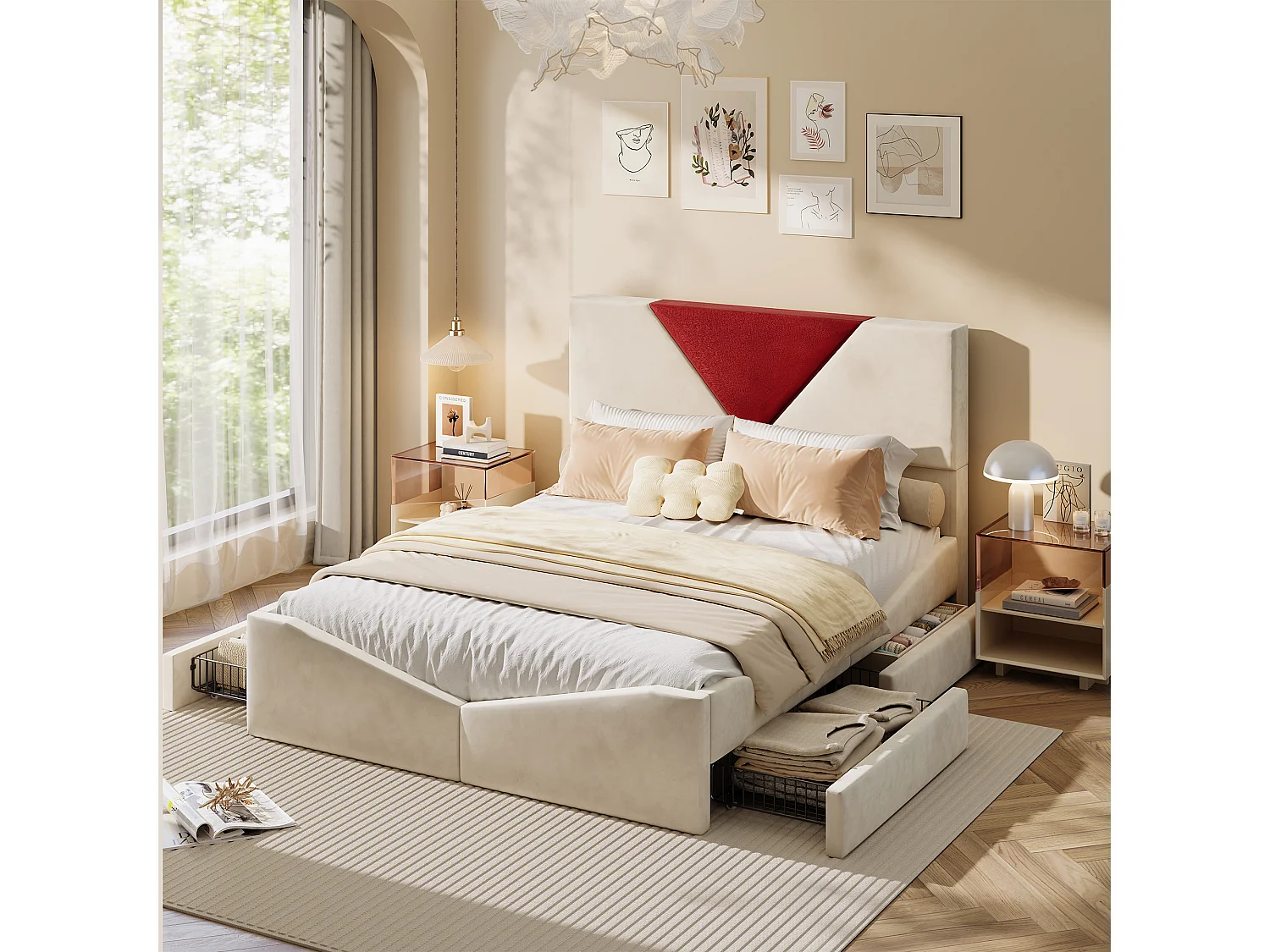Lit double 140 x 190 cm - avec 4 tiroirs et sommier à lattes - velours - beige