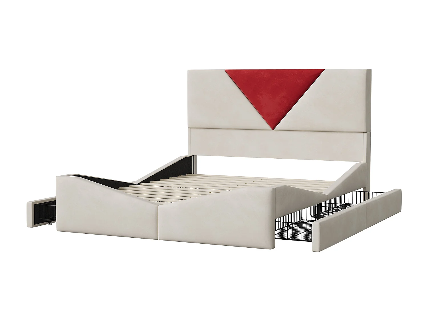 Lit double 140 x 190 cm - avec 4 tiroirs et sommier à lattes - velours - beige