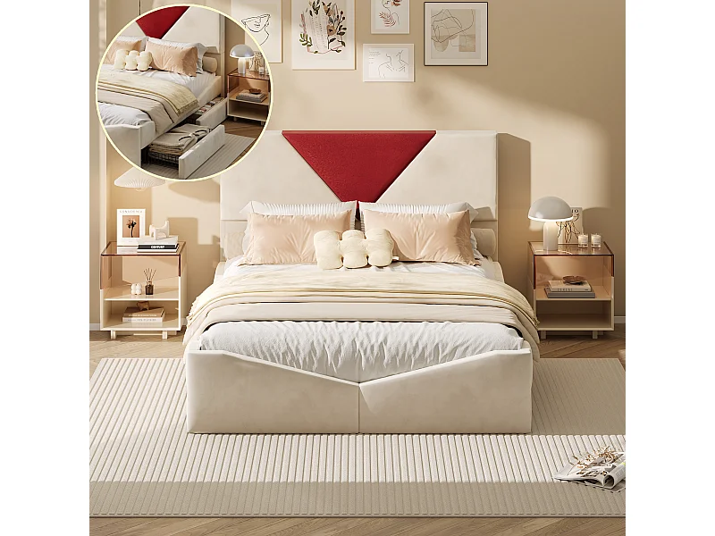 Lit double 140 x 190 cm - avec 4 tiroirs et sommier à lattes - velours - beige