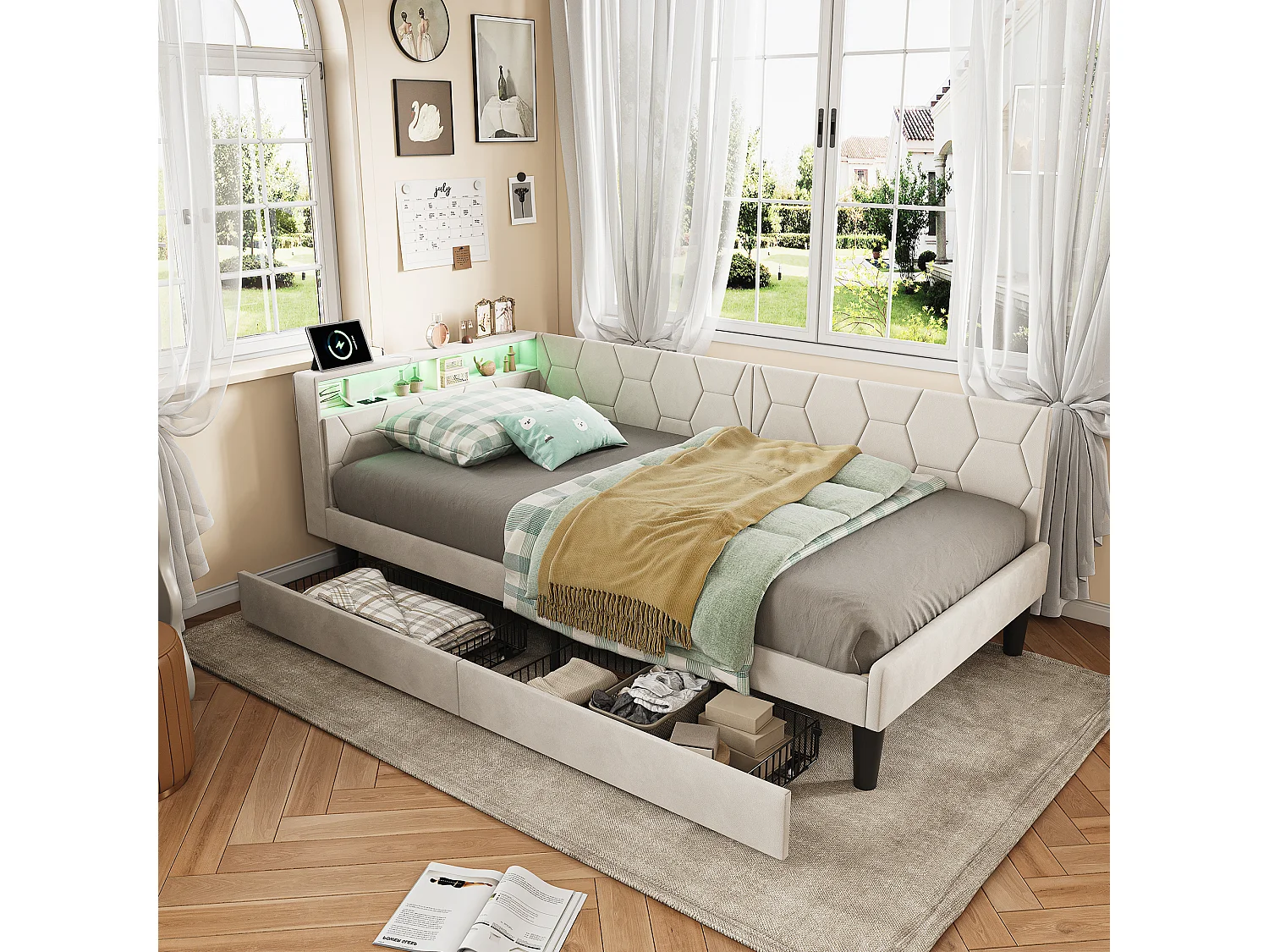 Lit simple 90x200cm avec LED et ports USB - Canapé-lit d'angle avec 2 tiroirs - velours - beige