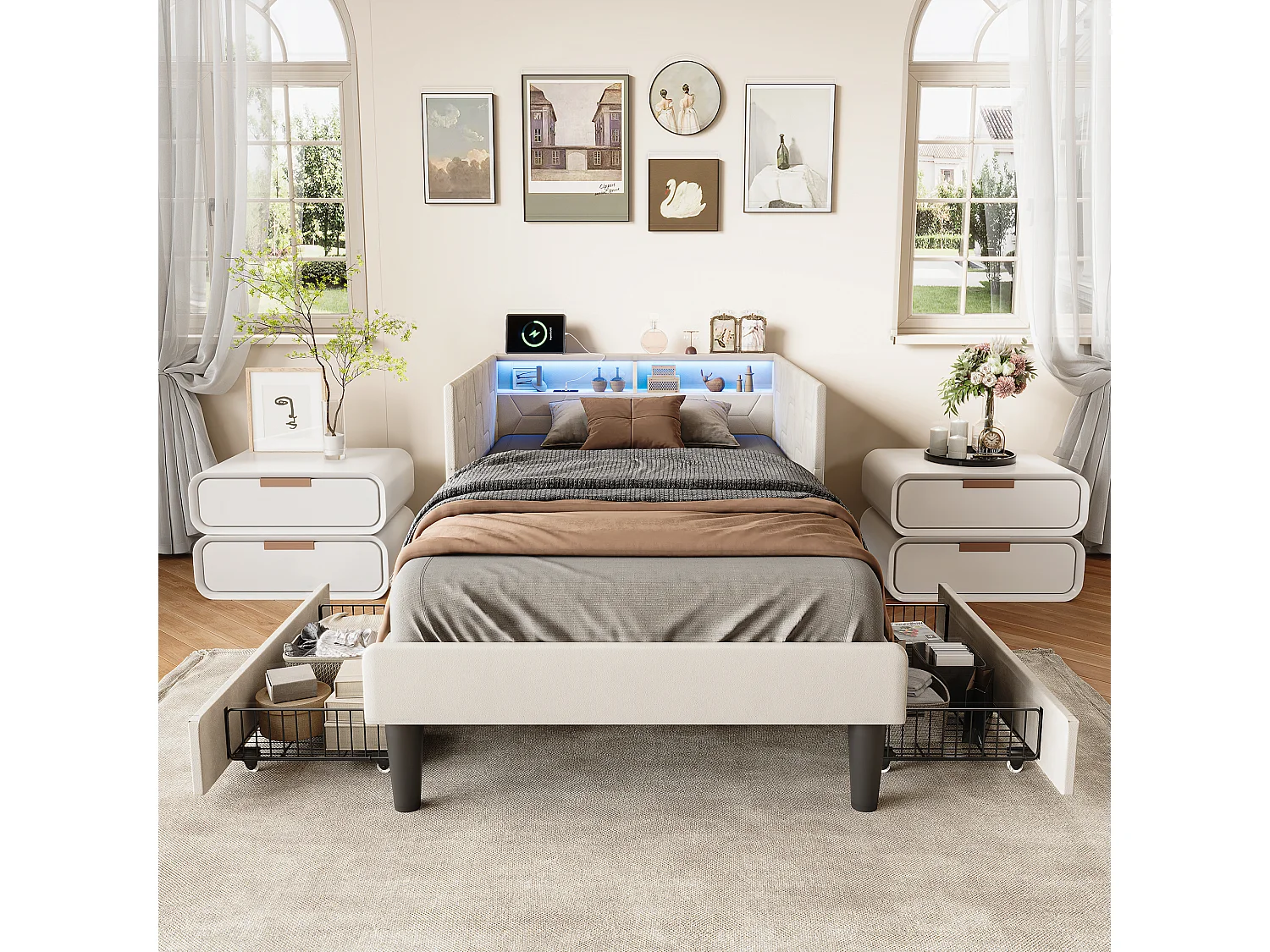 Lit simple 90x200cm avec LED et ports USB - Canapé-lit d'angle avec 2 tiroirs - velours - beige