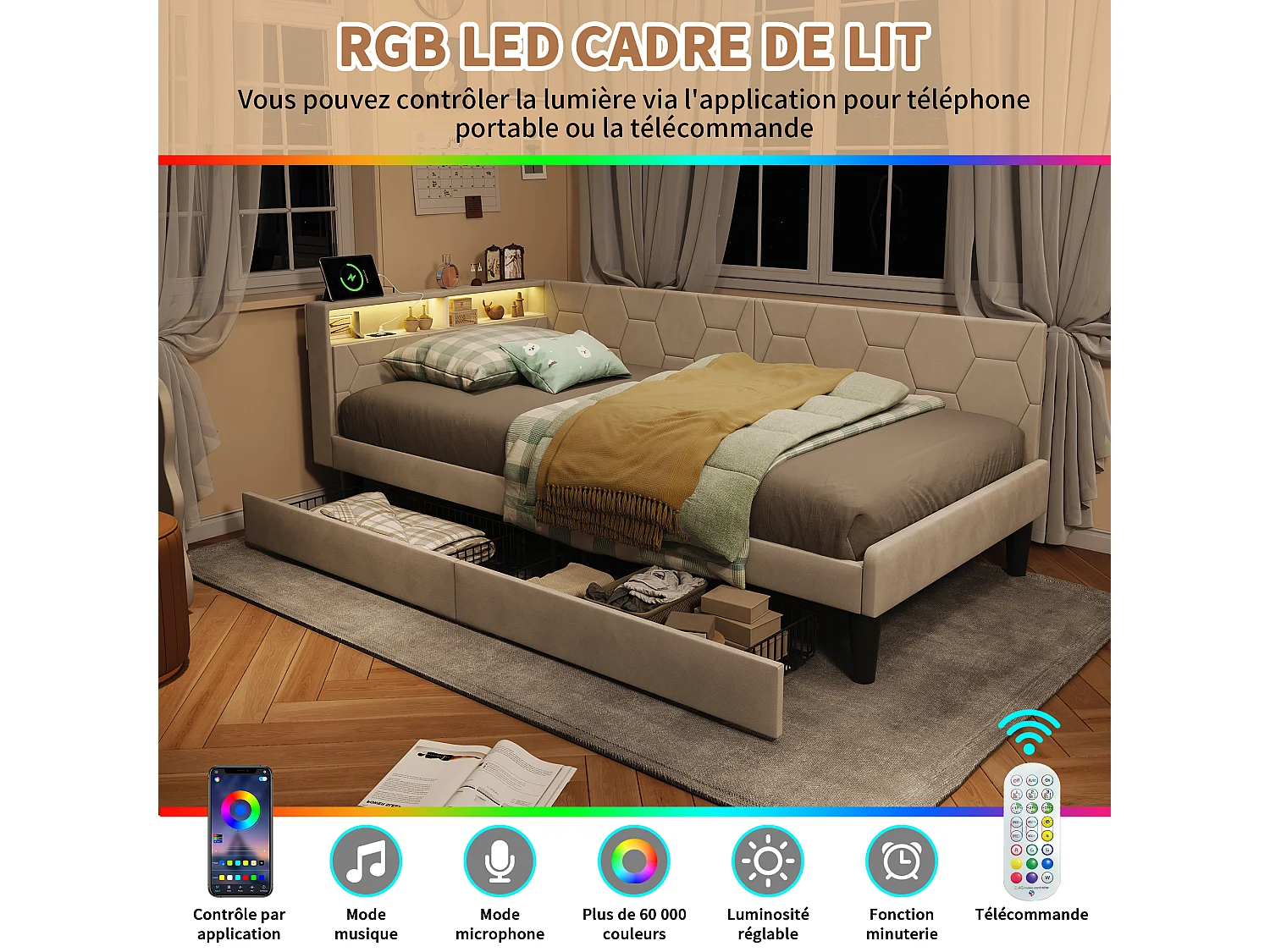 Lit simple 90x200cm avec LED et ports USB - Canapé-lit d'angle avec 2 tiroirs - velours - beige