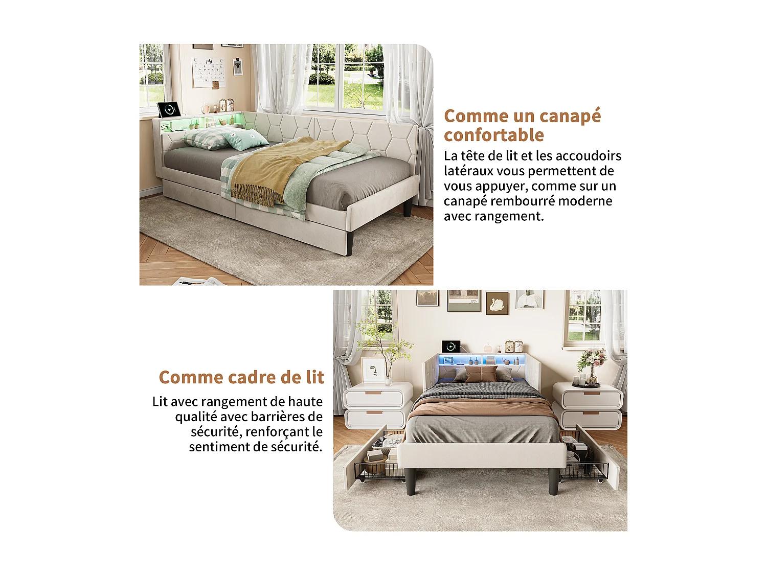 Lit simple 90x200cm avec LED et ports USB - Canapé-lit d'angle avec 2 tiroirs - velours - beige