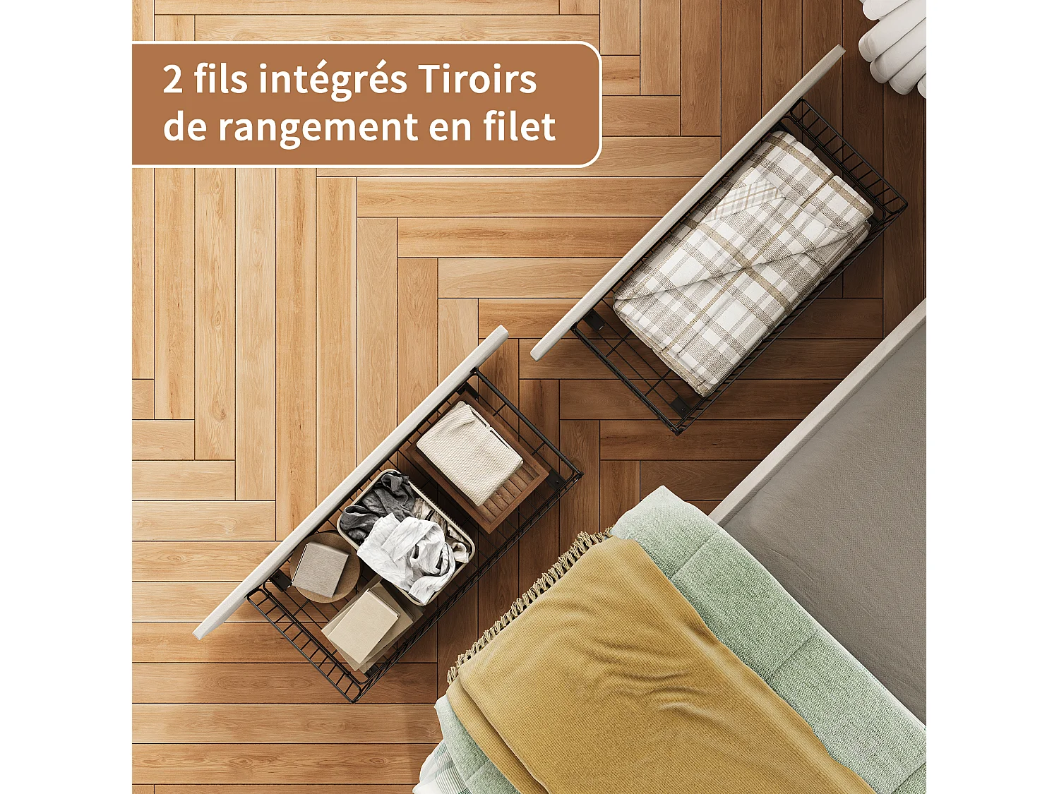 Lit simple 90x200cm avec LED et ports USB - Canapé-lit d'angle avec 2 tiroirs - velours - beige