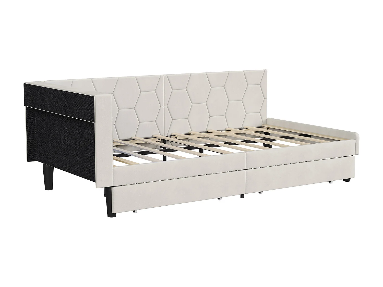 Lit simple 90x200cm avec LED et ports USB - Canapé-lit d'angle avec 2 tiroirs - velours - beige