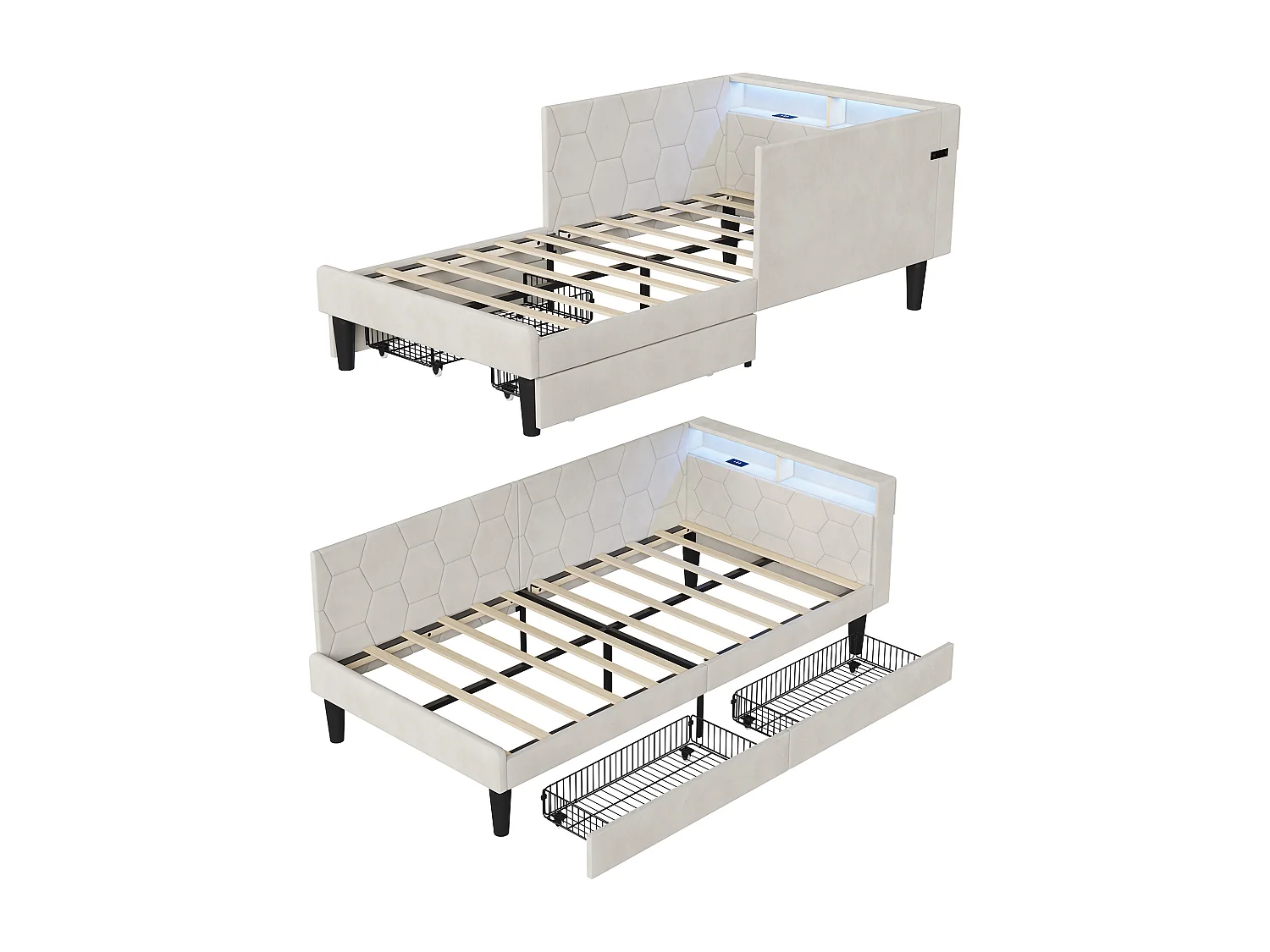 Lit simple 90x200cm avec LED et ports USB - Canapé-lit d'angle avec 2 tiroirs - velours - beige