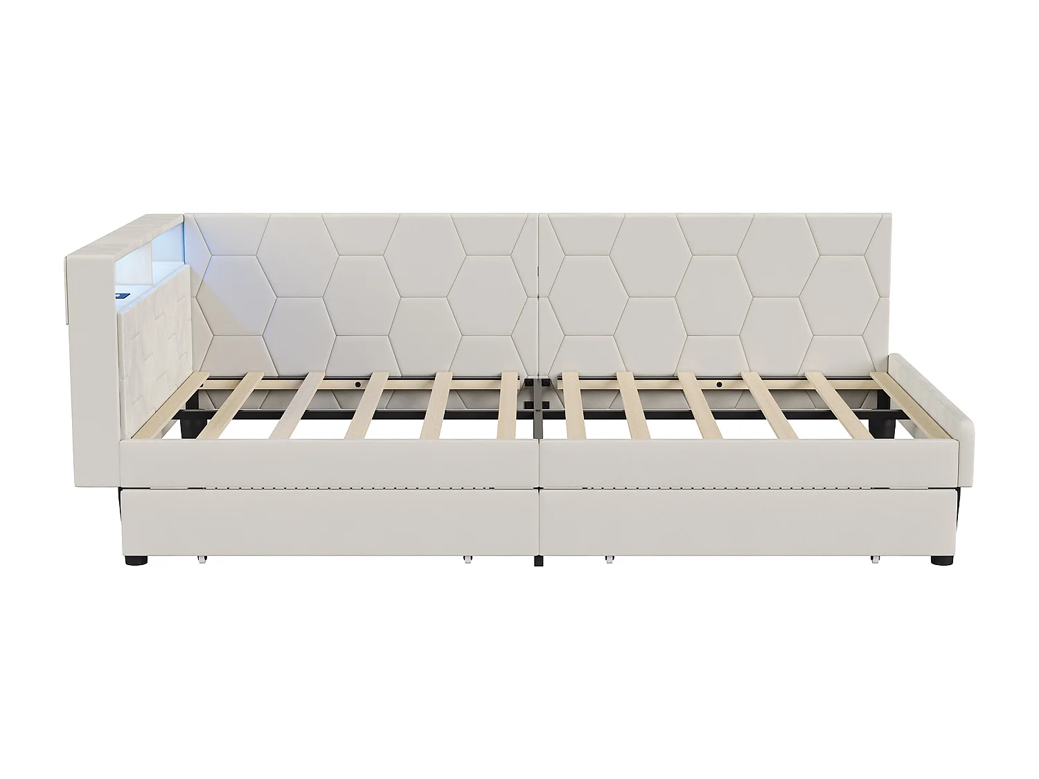 Lit simple 90x200cm avec LED et ports USB - Canapé-lit d'angle avec 2 tiroirs - velours - beige