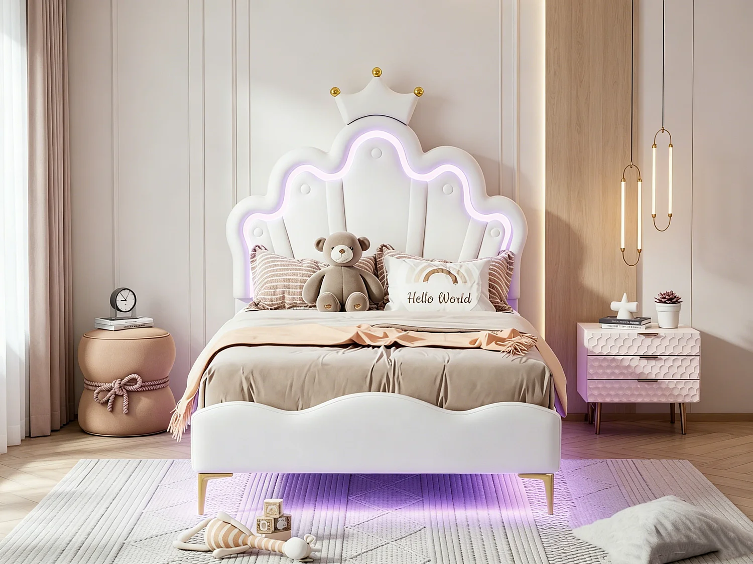 Eenpersoons kinderbed, 90x200cm, met ledverlichting, verstelbaar kroonvormig hoofdeinde, PU, ​​wit