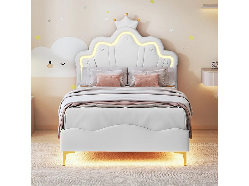 Lit simple enfant, 90x200cm, avec lumières LED, tête de lit réglable en forme de couronne, PU, ​​blanc