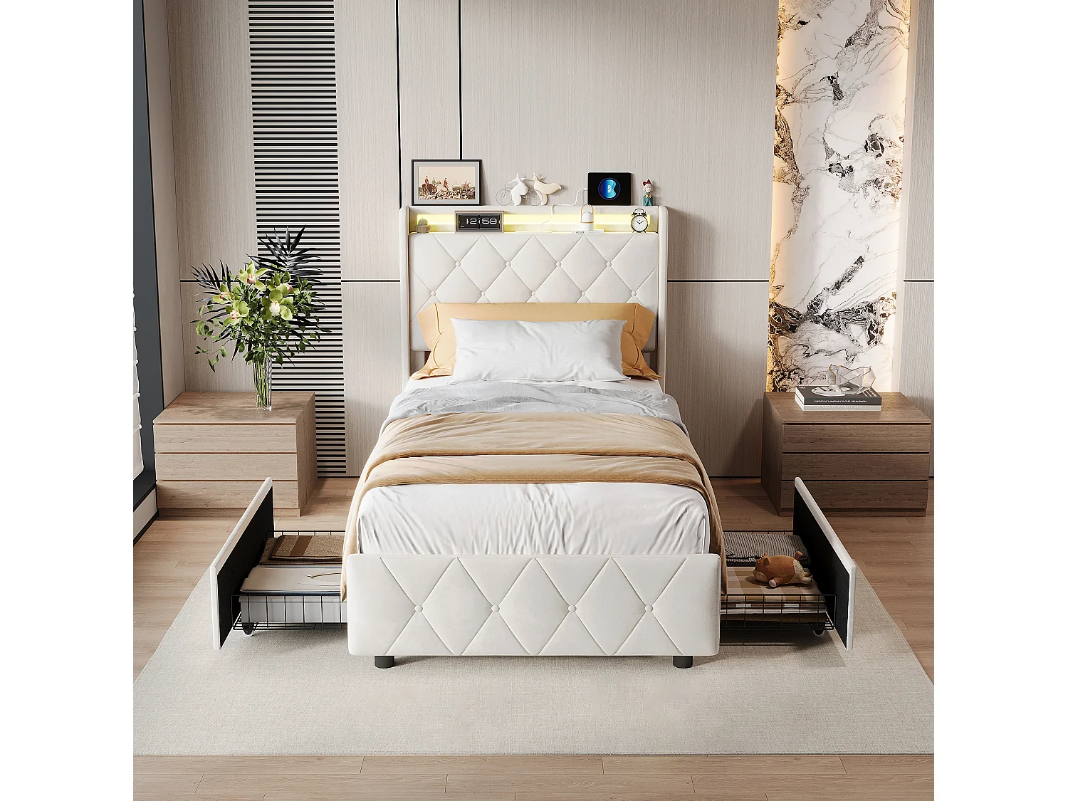 Lit simple 90x200cm avec 2 tiroirs - LED et ports USB - tête de lit avec rangement - velours - beige