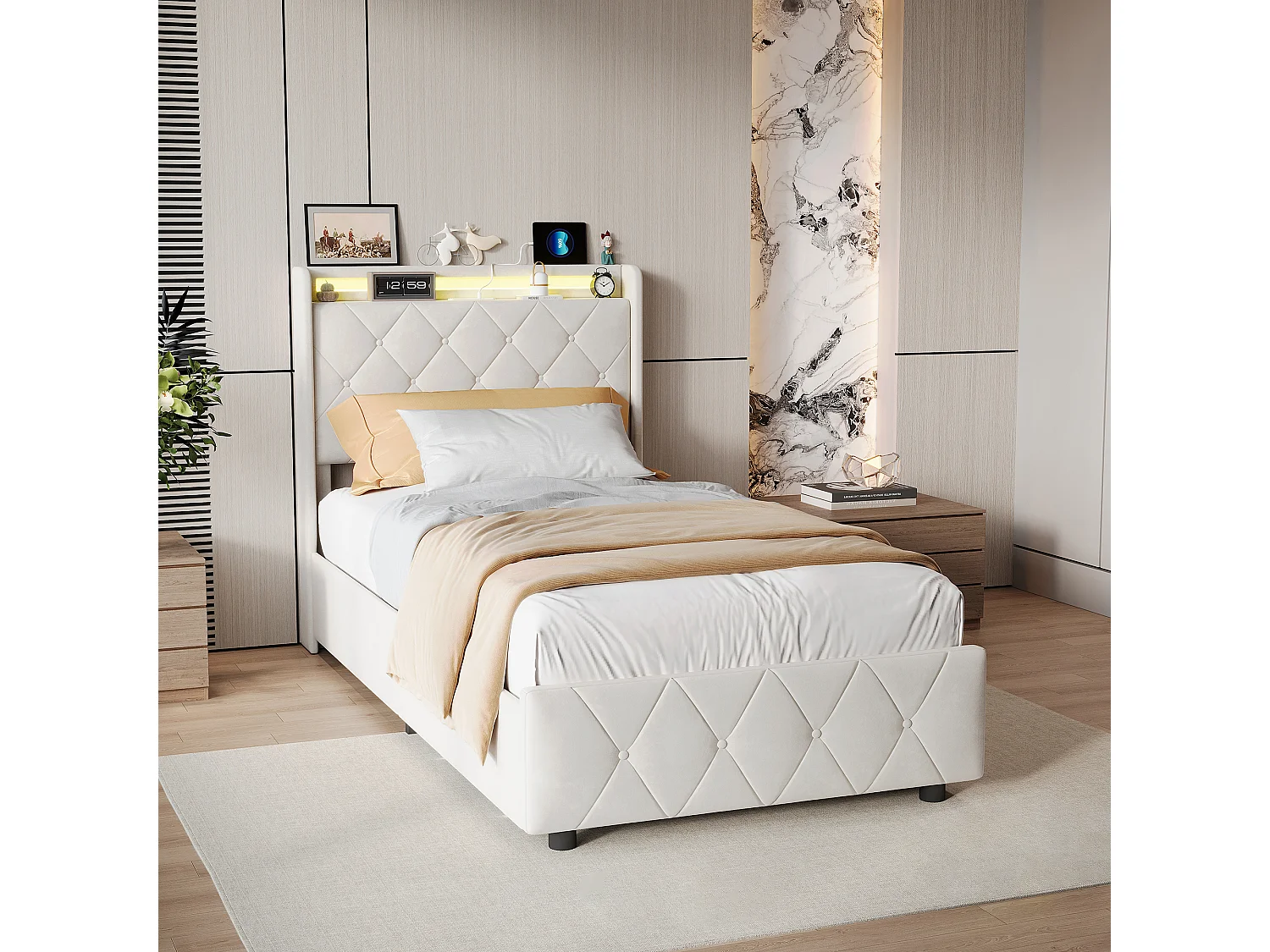 Lit simple 90x200cm avec 2 tiroirs - LED et ports USB - tête de lit avec rangement - velours - beige