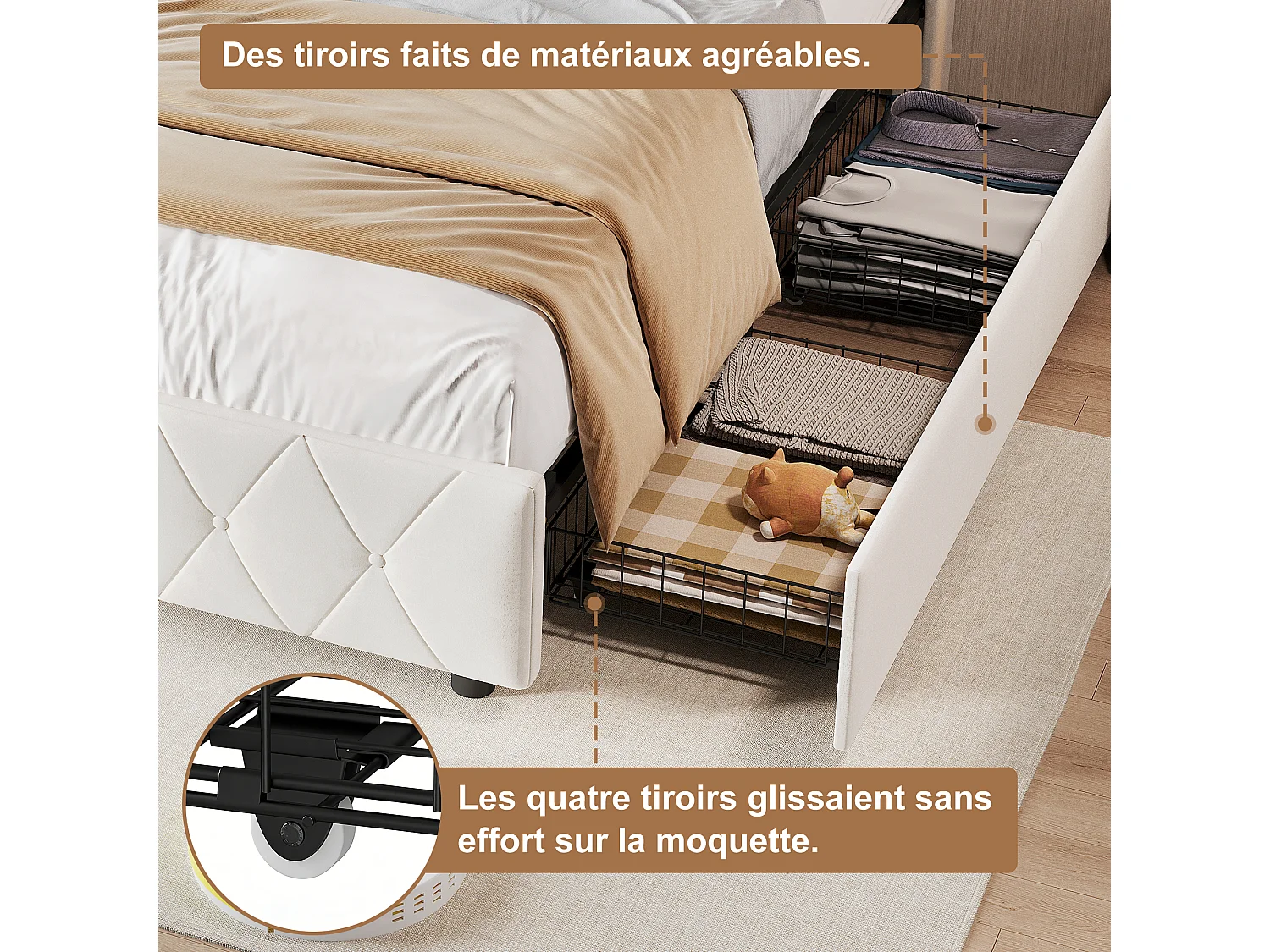 Lit simple 90x200cm avec 2 tiroirs - LED et ports USB - tête de lit avec rangement - velours - beige