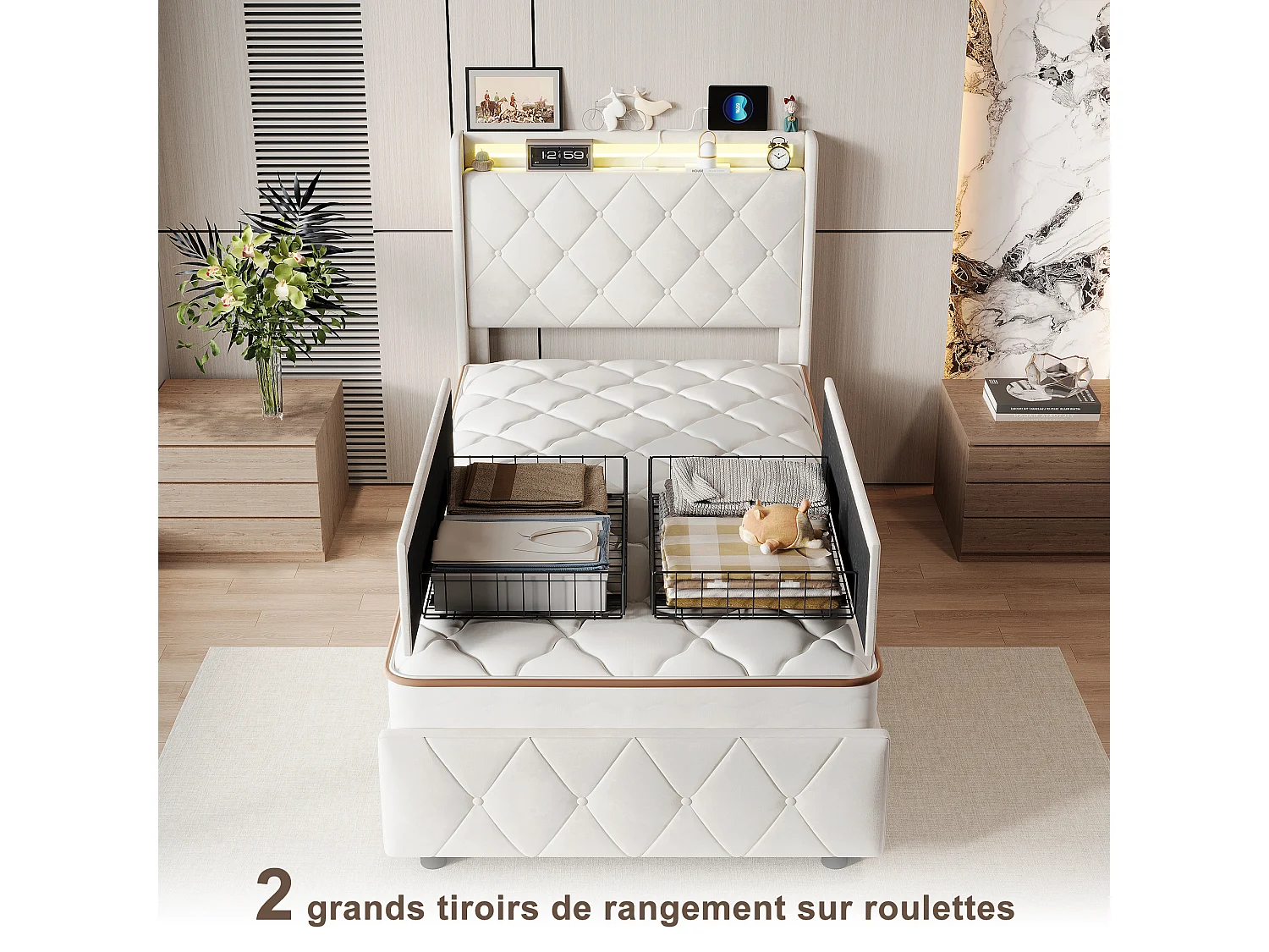 Lit simple 90x200cm avec 2 tiroirs - LED et ports USB - tête de lit avec rangement - velours - beige