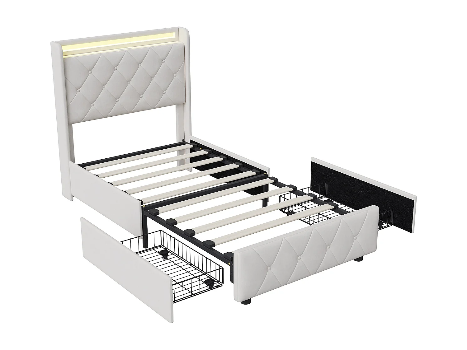 Lit simple 90x200cm avec 2 tiroirs - LED et ports USB - tête de lit avec rangement - velours - beige