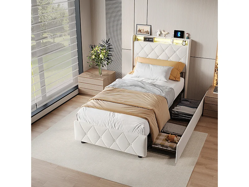 Lit simple 90x200cm avec 2 tiroirs - LED et ports USB - tête de lit avec rangement - velours - beige