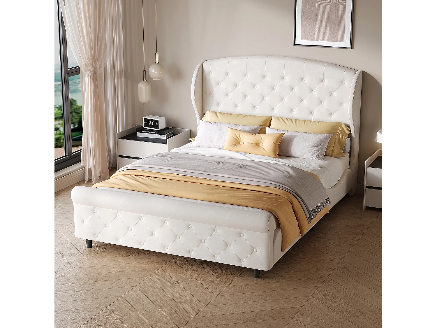 Lit double 140 x 200 cm, avec sommier à lattes et tête de lit, style européen, velours, beige