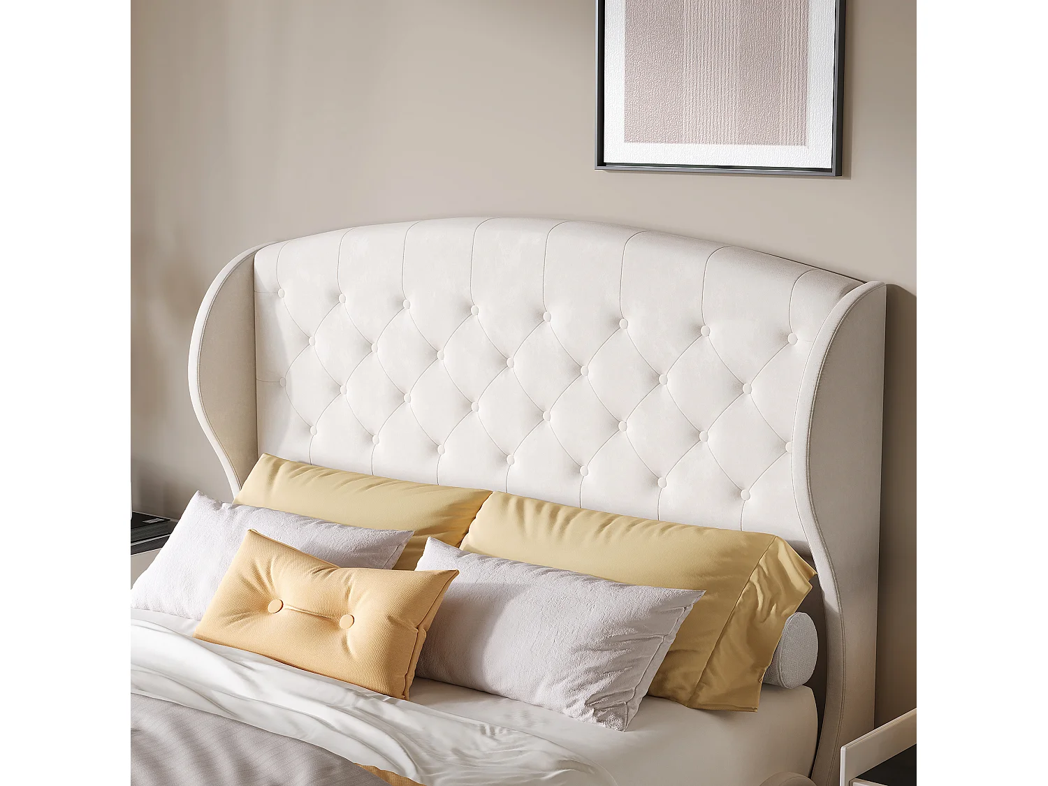 Lit double 140 x 200 cm, avec sommier à lattes et tête de lit, style européen, velours, beige