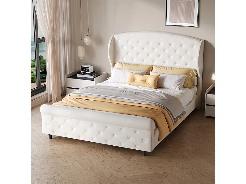 Lit double 140 x 200 cm, avec sommier à lattes et tête de lit, style européen, velours, beige