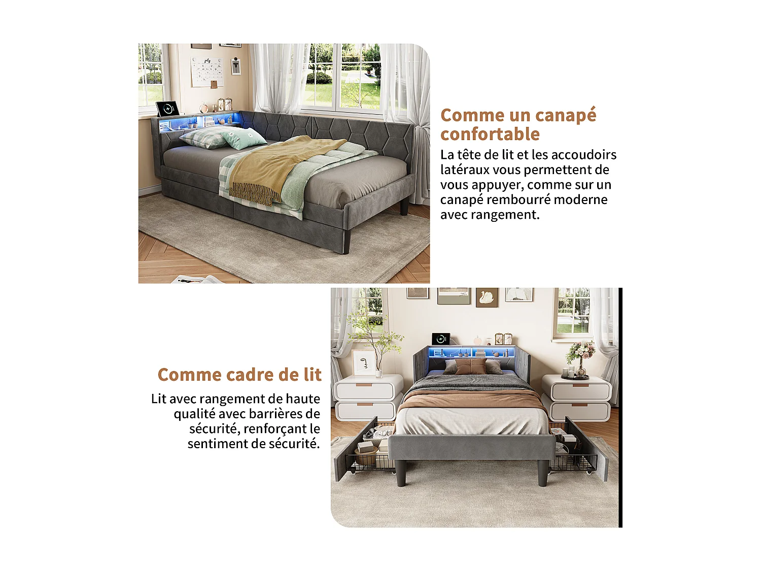 Lit simple 90x200cm avec LED et ports USB - Canapé-lit d'angle avec 2 tiroirs - velours - gris