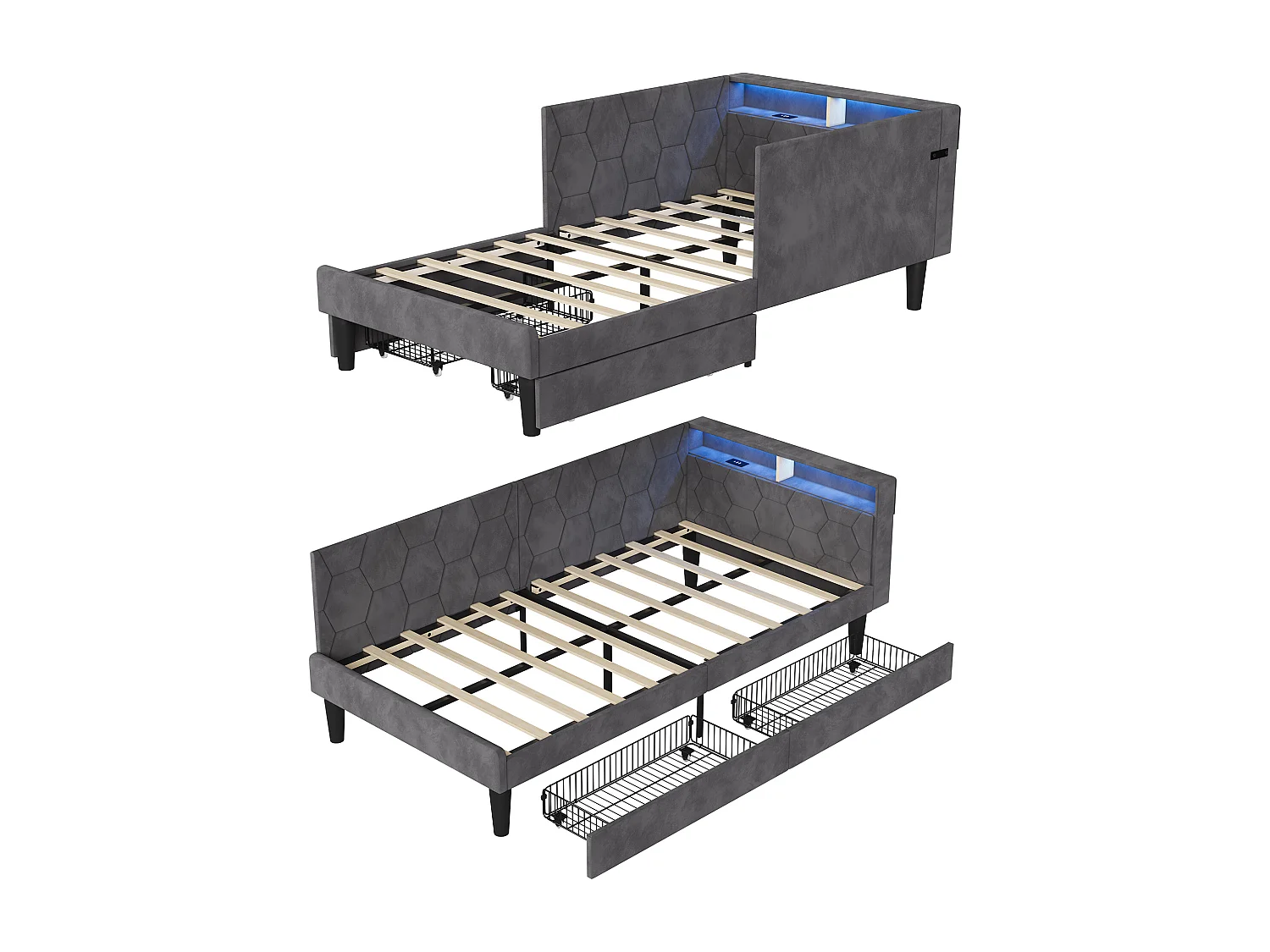 Lit simple 90x200cm avec LED et ports USB - Canapé-lit d'angle avec 2 tiroirs - velours - gris