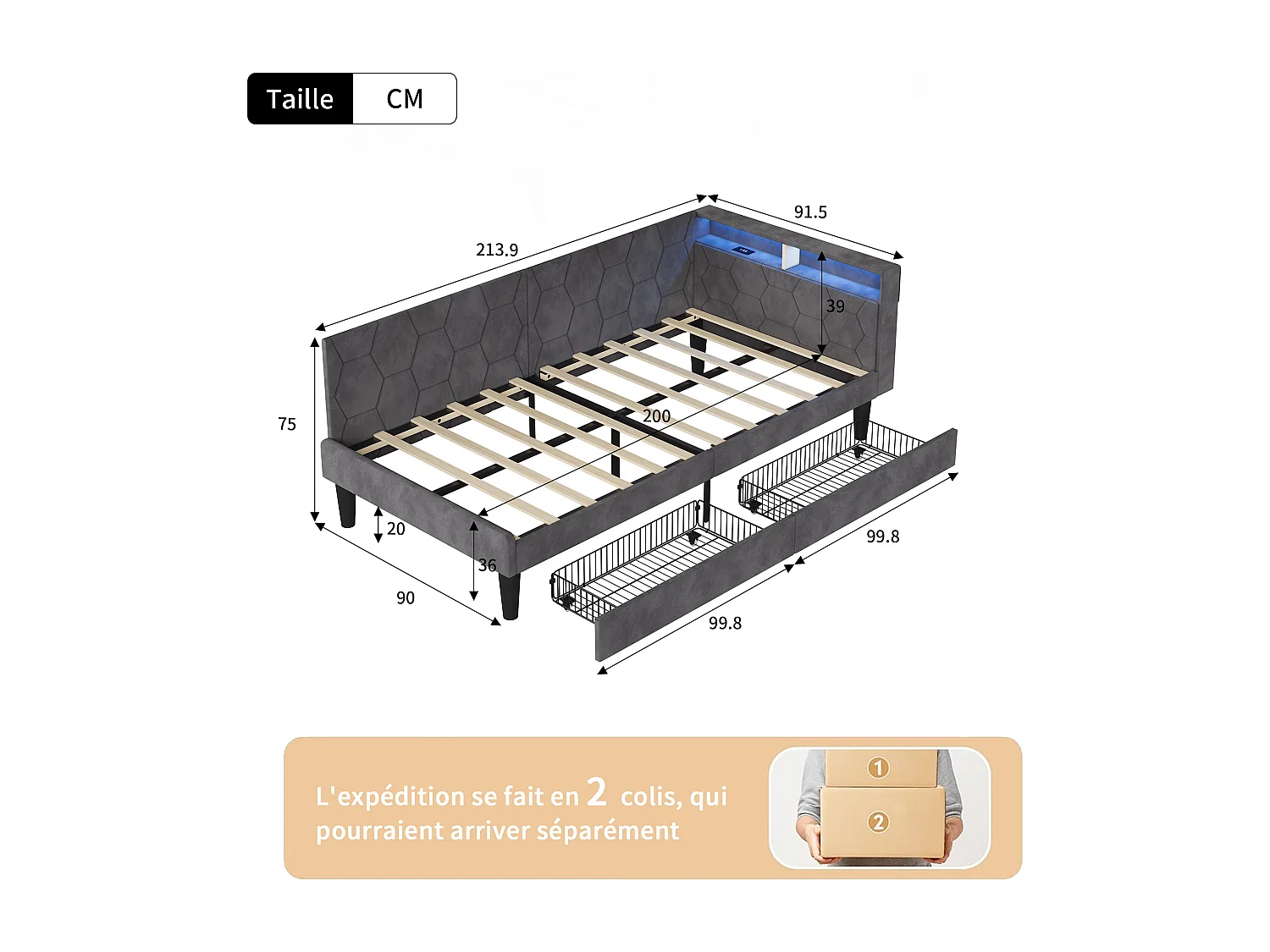 Lit simple 90x200cm avec LED et ports USB - Canapé-lit d'angle avec 2 tiroirs - velours - gris