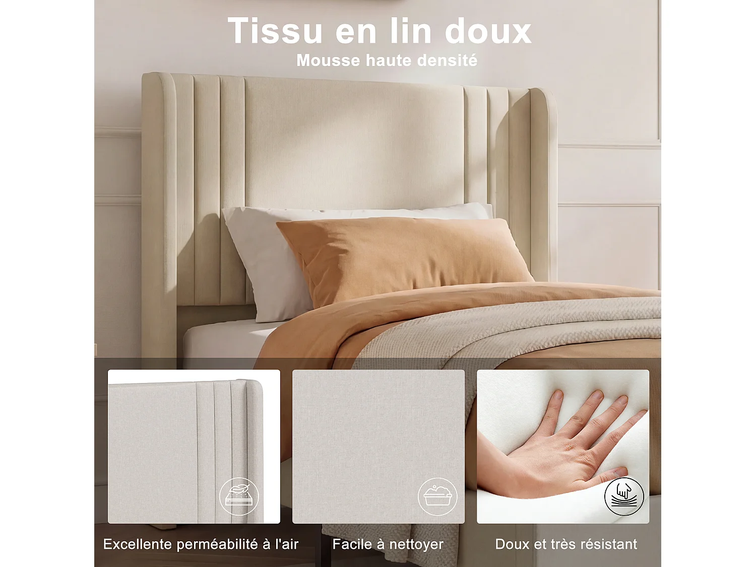 Lit simple 90x200cm avec sommier à lattes et cadre en métal - Style moderne - Lin - Beige
