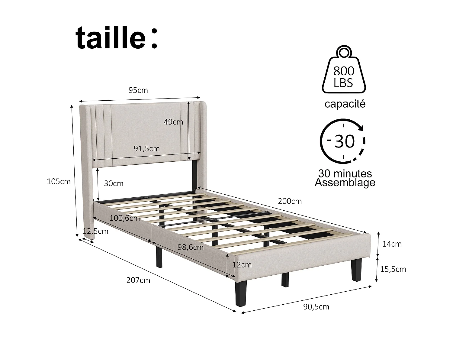 Lit simple 90x200cm avec sommier à lattes et cadre en métal - Style moderne - Lin - Beige