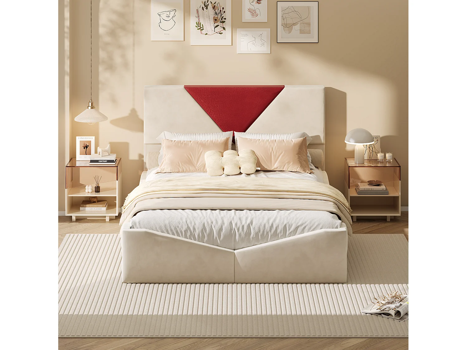 Lit double 160 x 200 cm - avec 4 tiroirs et sommier à lattes - velours - beige