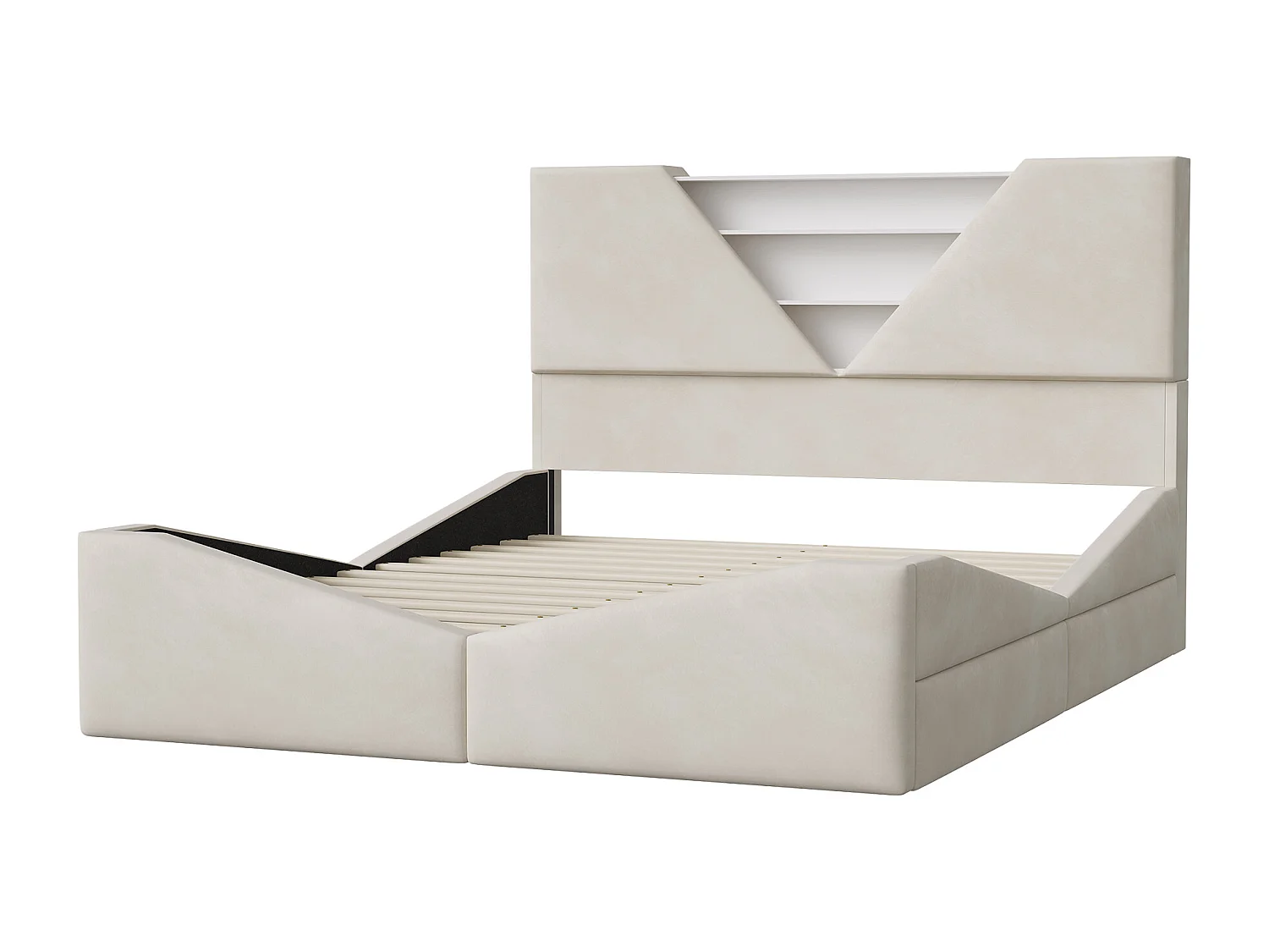 Lit double 140x190cm - avec éclairage LED et 4 tiroirs - tête de lit avec fonction rangement - velours - beige