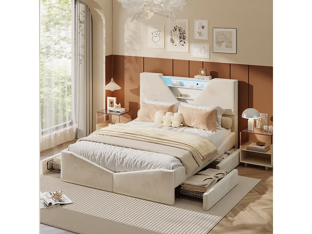 Lit double 140x190cm - avec éclairage LED et 4 tiroirs - tête de lit avec fonction rangement - velours - beige