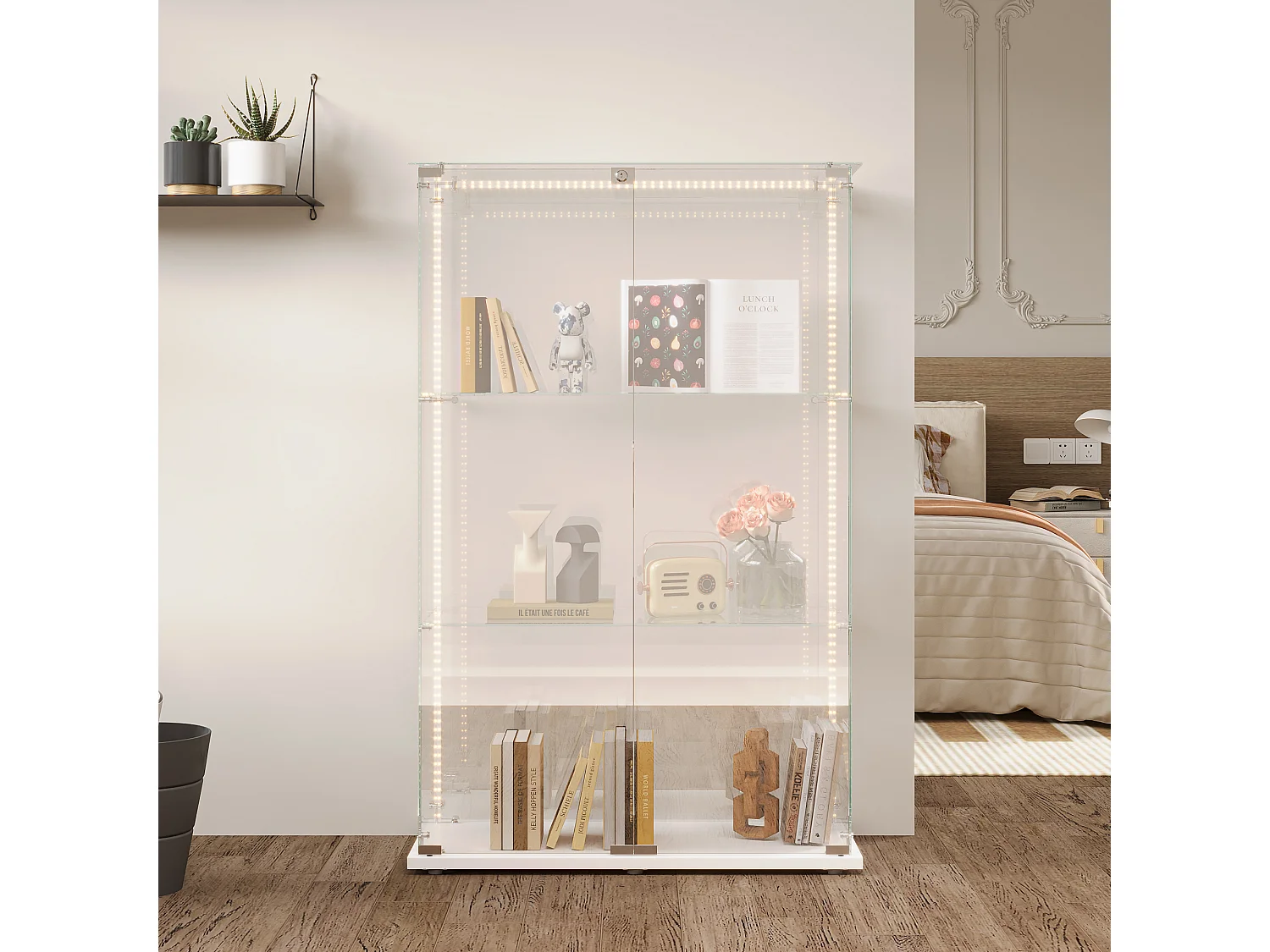 Vitrine avec éclairage LED, vitrine sur pied avec serrure, 2 portes et 3 étagères, 123.3 x 78,5 x 35 cm,blanc