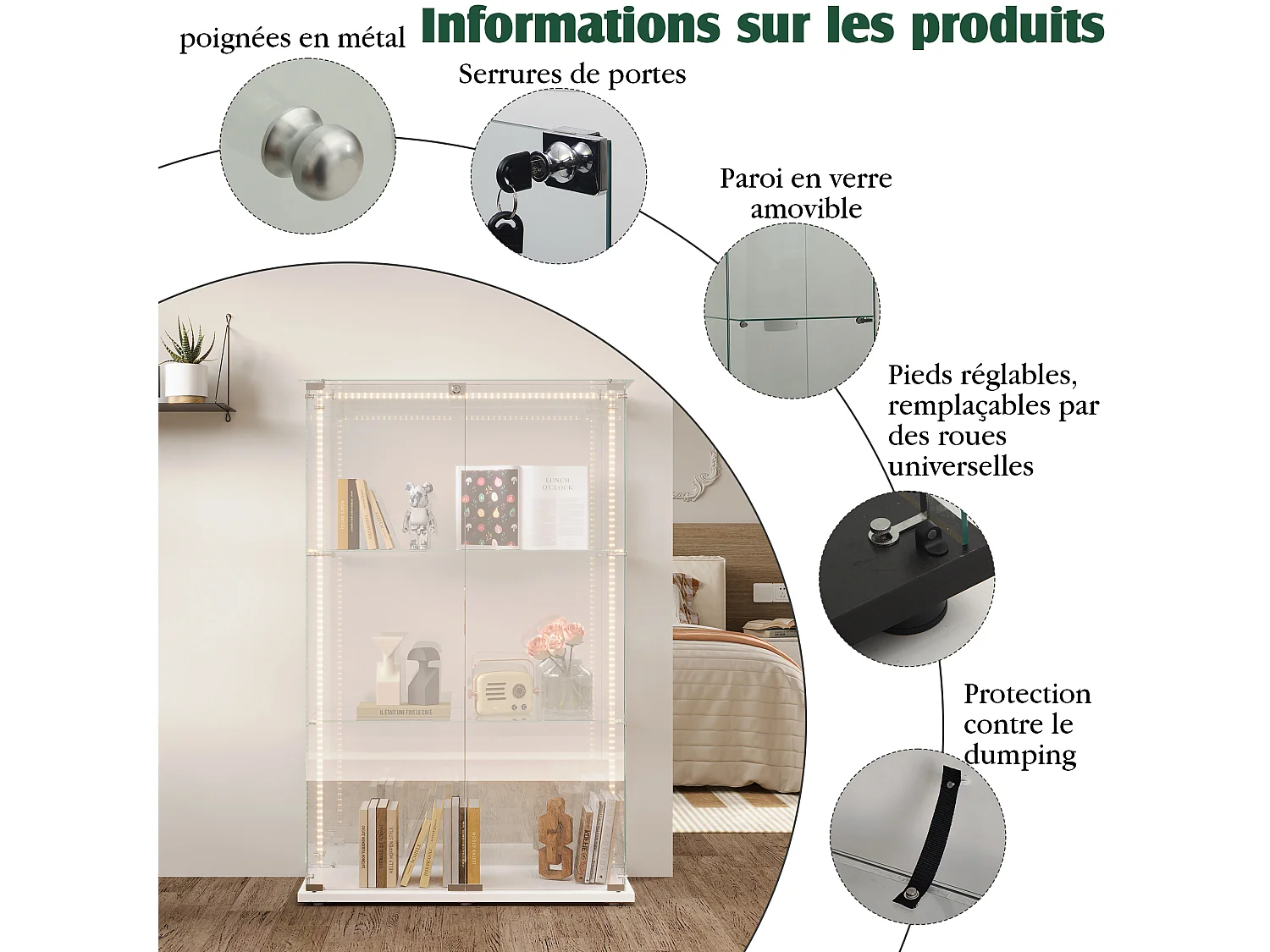 Vitrine avec éclairage LED, vitrine sur pied avec serrure, 2 portes et 3 étagères, 123.3 x 78,5 x 35 cm,blanc