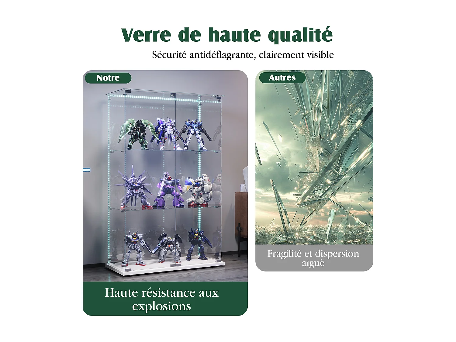 Vitrine avec éclairage LED, vitrine sur pied avec serrure, 2 portes et 3 étagères, 123.3 x 78,5 x 35 cm,blanc