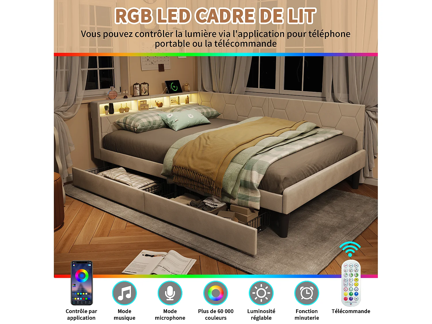 Lit double 140x200cm avec LED et ports USB - Canapé-lit d'angle avec 2 tiroirs - velours - beige