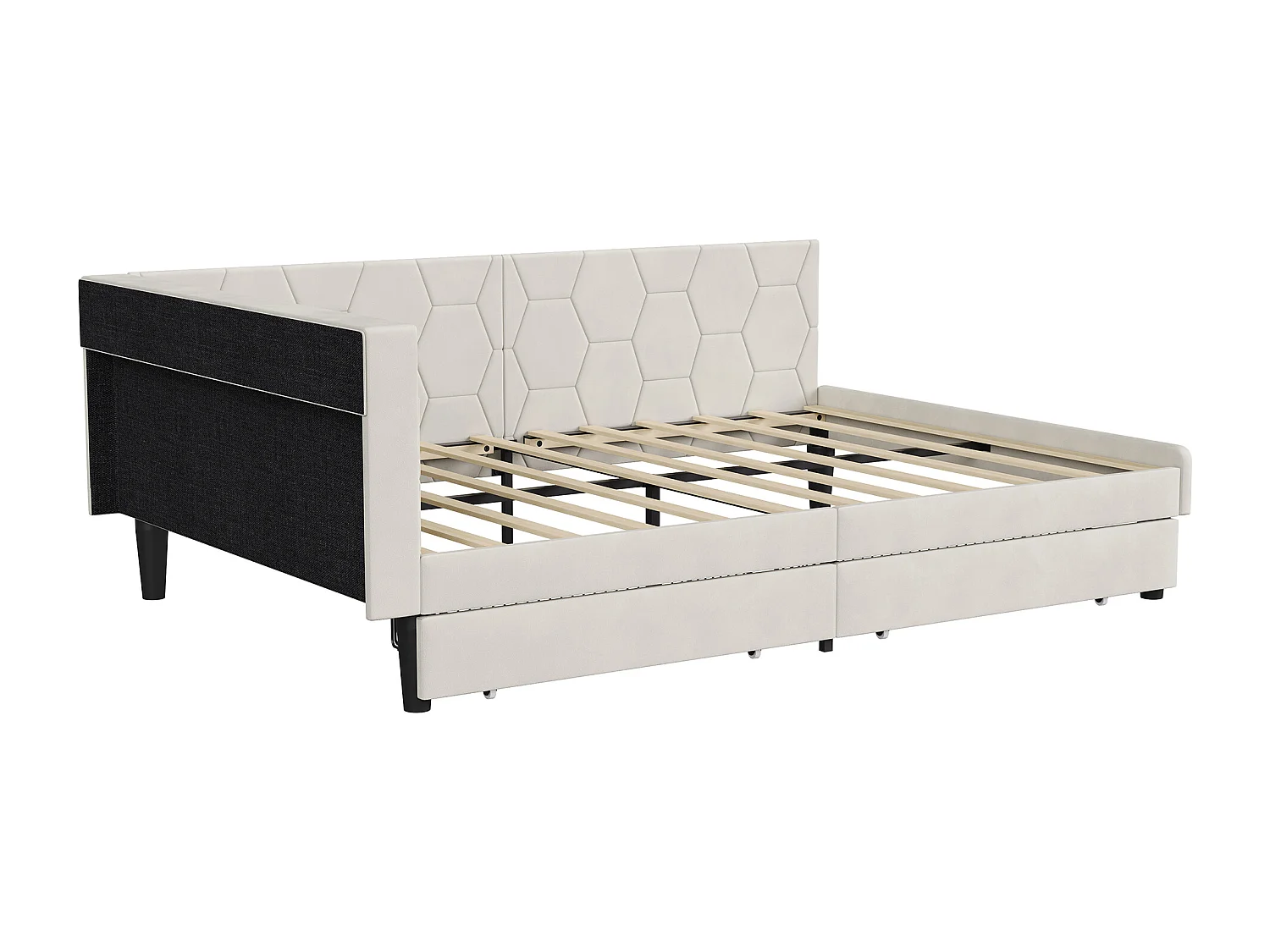 Lit double 140x200cm avec LED et ports USB - Canapé-lit d'angle avec 2 tiroirs - velours - beige