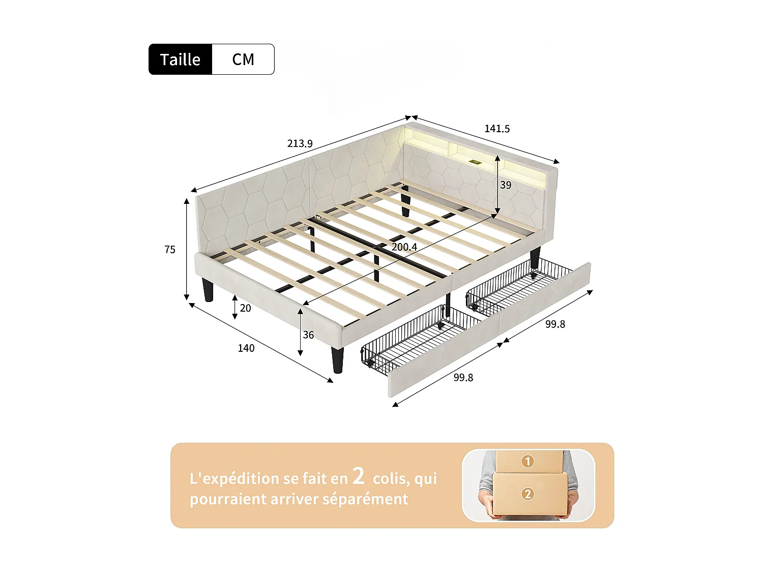 Lit double 140x200cm avec LED et ports USB - Canapé-lit d'angle avec 2 tiroirs - velours - beige