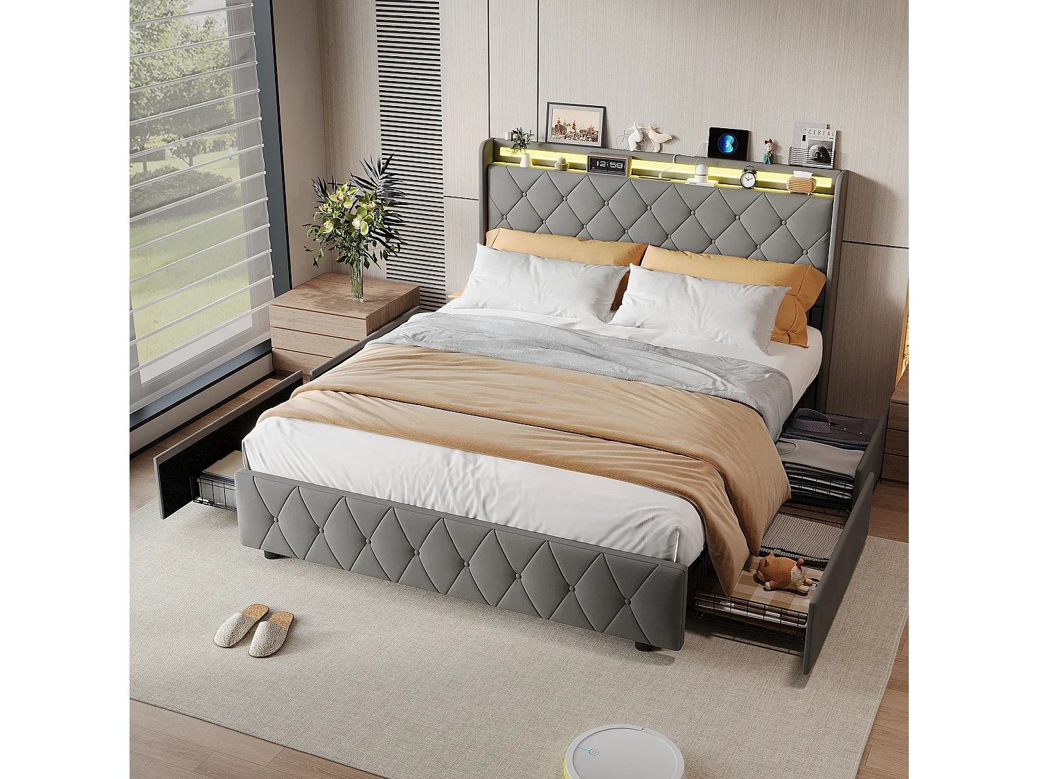 Lit double 140x200cm avec 4 tiroirs - LED et ports USB - tête de lit avec rangement - velours - gris