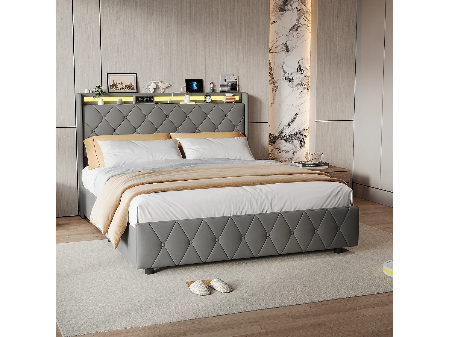 Lit double 140x200cm avec 4 tiroirs - LED et ports USB - tête de lit avec rangement - velours - gris